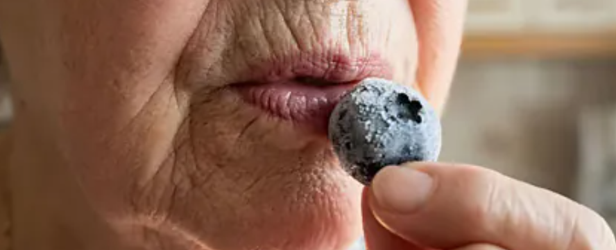 Idosa comendo blueberry